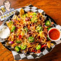 Nachos · Choose between waffle fries or tortilla chips. Served with beef, chicken or graziano sausage...