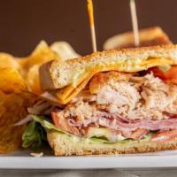 Monster Club · Turkey Breast, Smoked Ham, American Cheese, Lettuce, Applewood Smoked Bacon, Tomato, & Basil...