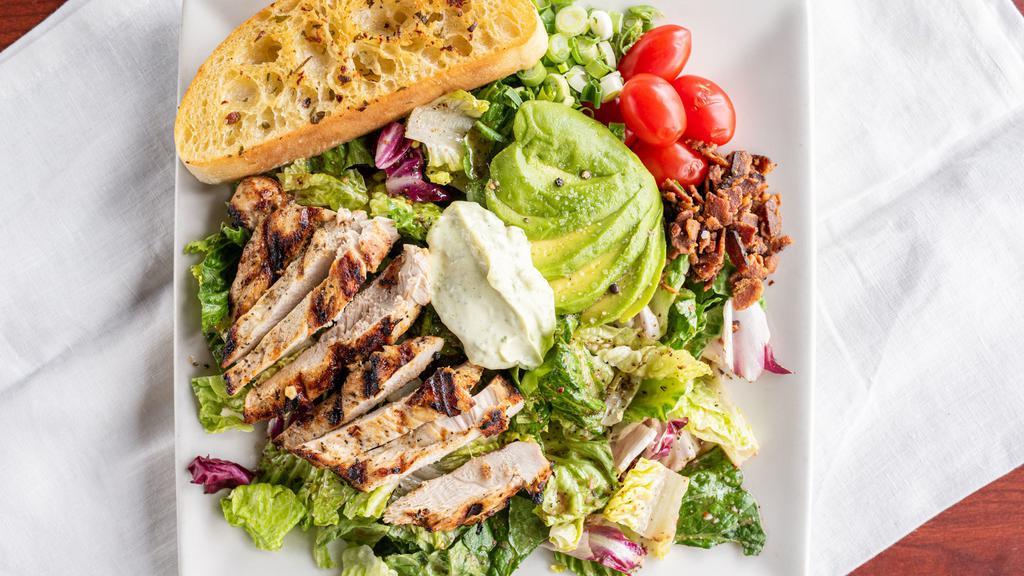 Chicken Club · Grilled Chicken Breast, Mixed Greens, Sliced Avocado, Grape Tomatoes, Chopped Bacon, Green Onions, dollop of Basil Mayo, House Vinaigrette
