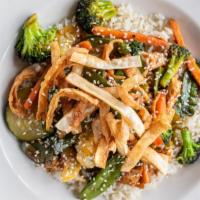 Chicken Stir Fry · Chicken, Broccoli, Carrots, Onions, Pea Pods, Red Peppers Sautéed in Sesame Oil. Tossed In O...