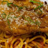 Chicken Parmesan · bread chicken breast, spaghetti with classic tomato sauce, mozzarella.