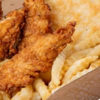 Righteous Chicken Box · FOUR Righteous Chicken strips served with a biscuit, ONE dipping sauce, and choice of fries,...