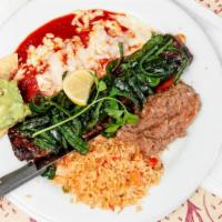 Carne A La Tampiquena · exquisite carne asada skirt steak with a cheese enchilada on the side, and fried poblano pep...