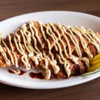 Katsu (Chicken Or Pork) · Japanese style panko battered chicken or pork cutlet served with tonkatsu sauce, Japanese ma...