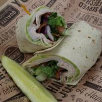 #12 Turkey Avocado Wrap · Oven Roasted Turkey, Crispy Bacon, Chopped Romaine lettuce, Diced Tomatoes, Red Onions with ...