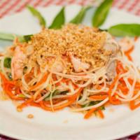 Green Papaya Salad( Gối Đu Đủ Tôm) · With (shrimp or tofu), carrot, onion, herbs, peanuts, fish-sauce.