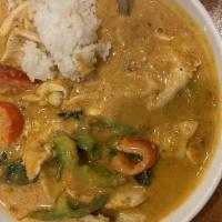 Panang Curry · Gluten-Free. Savory red curry with fresh herbs, ground peanuts, bell pepper, and sweet basil.