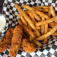 Kids Chicken Fingers And French Fries · Three chicken tenders fried golden brown with a small side of French fries.