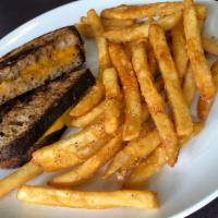 Kids Grilled Cheese & French Fries · Cheddar cheese, crunchy toasted bread with a small side of French fries.