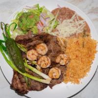 Pancho Villa · steak served with rice and beans shrimp
 lettuce guacamole fried jalapenos & spring onions.