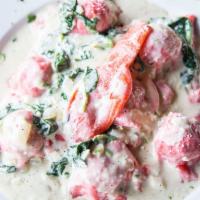Lobster Ravioli (Jumbo) · Homemade lobster ravioli in a light cream sauce with mascarpone. Served with homemade soup o...