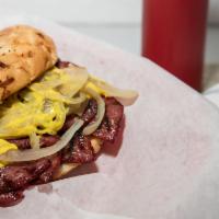 Grilled Salami · Thin sliced salami char-grilled on French bread with mustard and grilled onion.