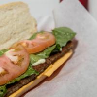 Hoagie Cheese Steak · A beef patty on French bread with American cheese, mayo, lettuce and tomato.