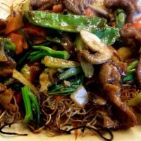 Double Pan-Fried Noodles · Crispy egg noodles stir-fried with mushrooms, carrots, bean sprouts, onion, and a choice of ...