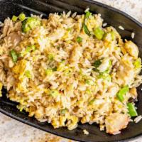 Ten Ingredient Fried Rice · Shrimp, chicken, crab meat, red bell pepper, broccoli, peapod, egg, green onion, mushroom, g...