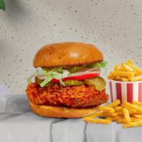 State Of The Spice Chicken Sandwich · Crispy fried chicken, sliced tomatoes, shredded lettuce, jalapenos, and hot sauce. Served on...