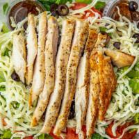 Chicken Breast Salad · romaine lettuce, tomato, onion, black olives, & mozzarella, topped with chicken breast