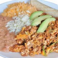 Huevos Con Chorizo Pl. · Scramble Eggs with Chorizo, Tomatoes & Onions. Served with Rice and Refried Beans. Topped wi...