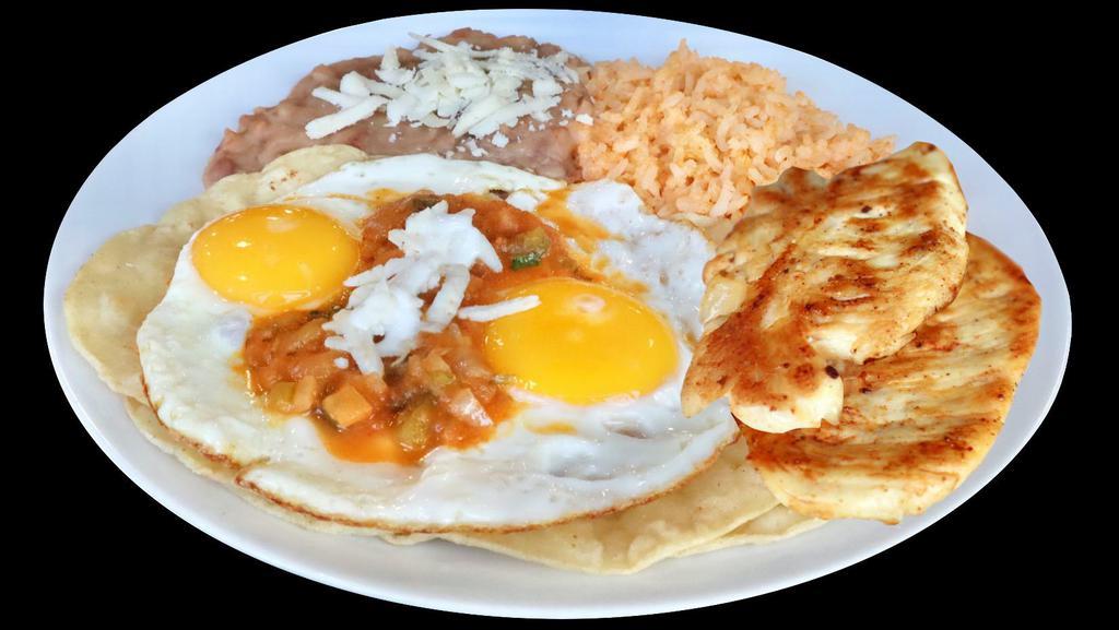 Huevos Estrellados Y Carne Plato. · Two Eggs, Topped with Tomatoes, Onions & Homemade Red Spicy Salsa . Served with Rice and Refried Beans. Topped with Queso fresco on the Beans and Avocado Slices. Choose your Meat.
 Enjoy it with Corn Tortillas.