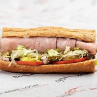 Ham & Provolone · Dressed with lettuce, tomatoes, red onions, pickles, black olives, crushed cherry peppers, b...