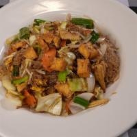 Pad Woon Sen · Sauteed bean thread noodles with egg, cabbage, carrot, baby corn, onion and bean sprout in b...
