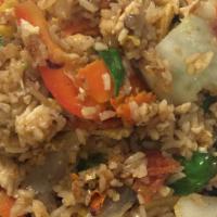 Spicy Fried Rice · Choice of chicken/ beef/ pork/tofu or veggies with egg, onion, bell pepper, carrot, basil an...