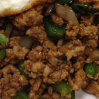 Spicy Basil Beef · Ground beef, bell pepper, green bean, onion, carrot, basil with spicy basil sauce