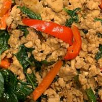Spicy Basil  Chicken · Ground chicken bell pepper, green bean, onion, carrot, basil with spicy basil sauce