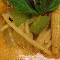 Red Curry · Curry paste with coconut milk, bamboo shoot, baby corn, pineapple, bell pepper and basil