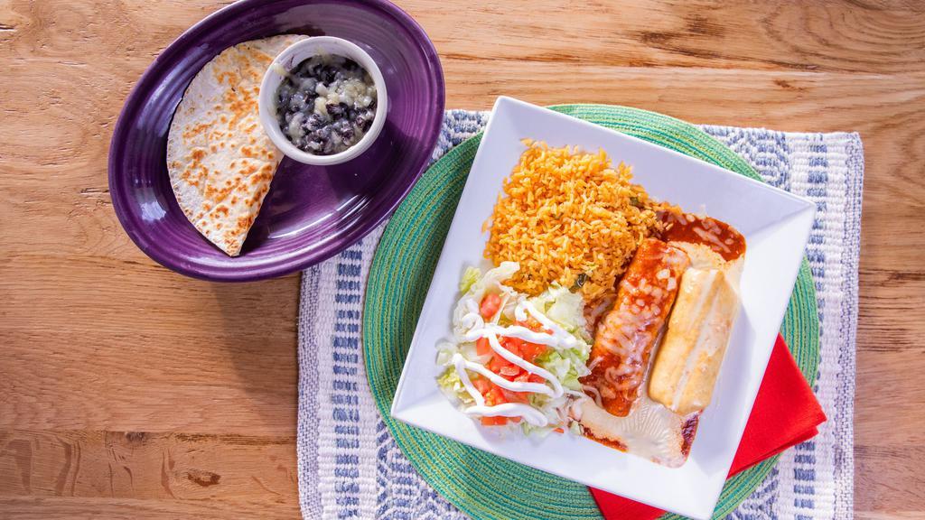 Super Combo · One beef of chicken chimichanga, one beef or chicken enchilada, one cheese quesadilla, black beans, and rice.