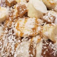 Banana Coconut Cream Pie Pancakes · Cream Filling, Bananas, Shredded Coconut, Graham Cracker Cookies & Caramel