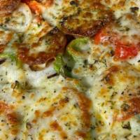 Veggie Lovers · Mozzarella cheese, madd marinara sauce, mushrooms, onion, black olives, green, red, yellow, ...