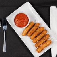 Mozzarella Cheese Sticks With Marinara Sauce · Mozzarella cheese that has been coated and fried.