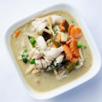 Green Curry · Gluten-Free, spicy. Eggplant, bamboo, bell peppers, and basil simmered in green curry & coco...