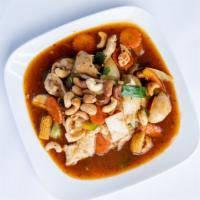  Pad Cashew*  · Spicy. Cashews wok tossed with water chestnuts, celery, carrots, white onions, and bell pepp...