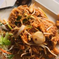 Pad Thai*  · Gluten-Free. Thin rice noodles wok tossed with eggs green onions and bean sprouts, topped wi...