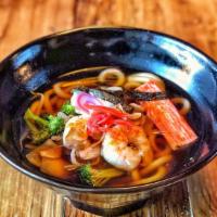 Seafood Udon · Clear chicken and bonito broth with seaweed and shiitake mushroom broth with blend soy sauce...