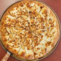 Chicken Alfredo Pizza · Garlic chicken with alfredo sauce and mozzarella cheese pie. Breakfast bacon is optional.