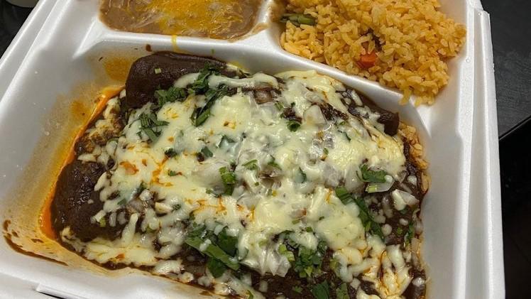 Mole Enchiladas · Three enchiladas filled with Mexican chicken mole. Topped with onions and queso fresco.