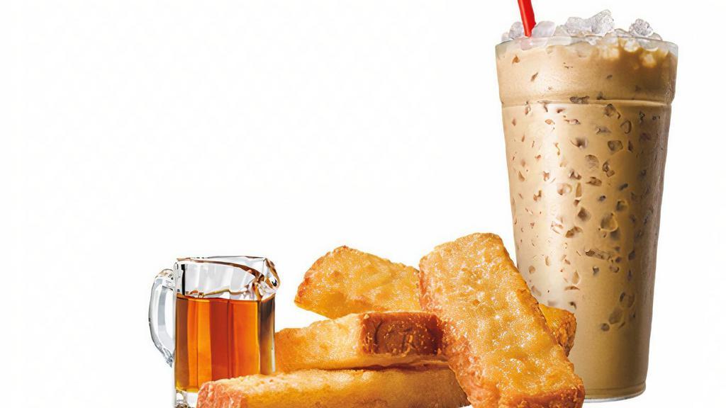 French Toast Sticks & Drink · Three's a crowd, and four is a delicious bundle of breakfast delight. At least when it comes to our thick, golden French Toast Sticks complete with One maple-flavored syrup for dipping. Drink Included!
