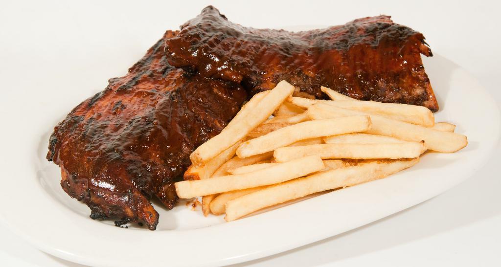 Bbq Baby Back Ribs · With today’s vegetable and French fries. 1850 cal.