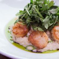 Seared Georges Bank Scallops · Asparagus risotto, baby arugula, basil-infused olive oil. 530 cal.