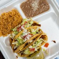 3 Hard Shelled Tacos · Three Hard Shelled Tacos with your choice of meat topped with lettuce, tomatoes, and cheese