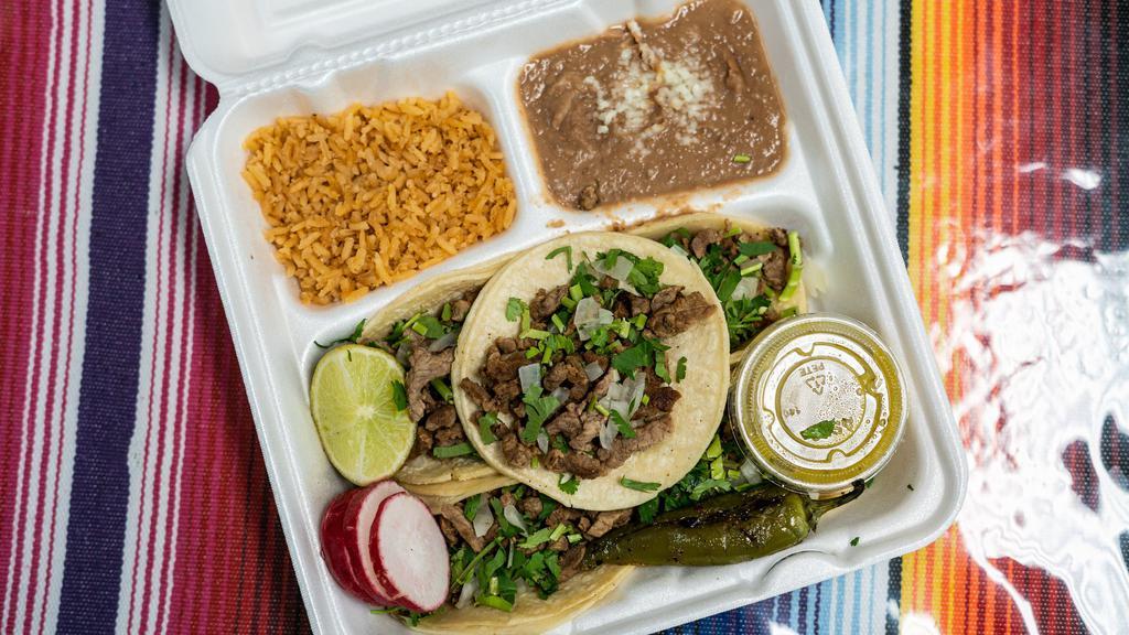 5 Street Tacos Lunch · 5 Mexican Street Tacos served with your choice of meat, rice, beans, and a drink