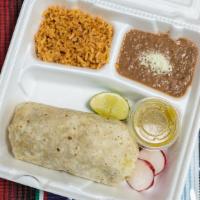 Lunch Burrito · Burrito served with rice, beans, and a drink