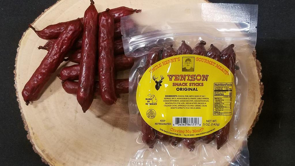Original Venison Snack Sticks · Our venison is farm raised, seasoned to perfection, and hardwood smoked. Venison is an excellent source of b vitamins, packed with protein, and low in fat.  making it a great addition to a healthy life style. 5 oz.