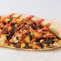 Steak N' Eggs Breakfast Pita · Grilled steak, Fresh Cracked Egg and hash brown your choice of toppings.
