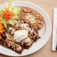 Enchilada Dinner · 3 enchiladas with your choice of green or red sauce. Served with rice and beans. Sour cream,...