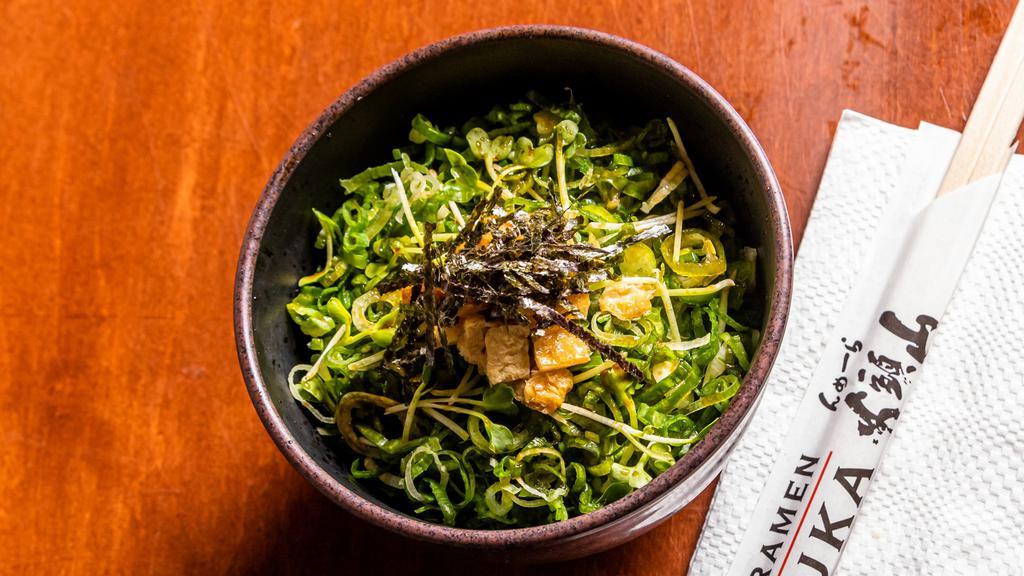 Negi · Rice bowl topped with katsuobushi, green onion, fried tofu, and seawood