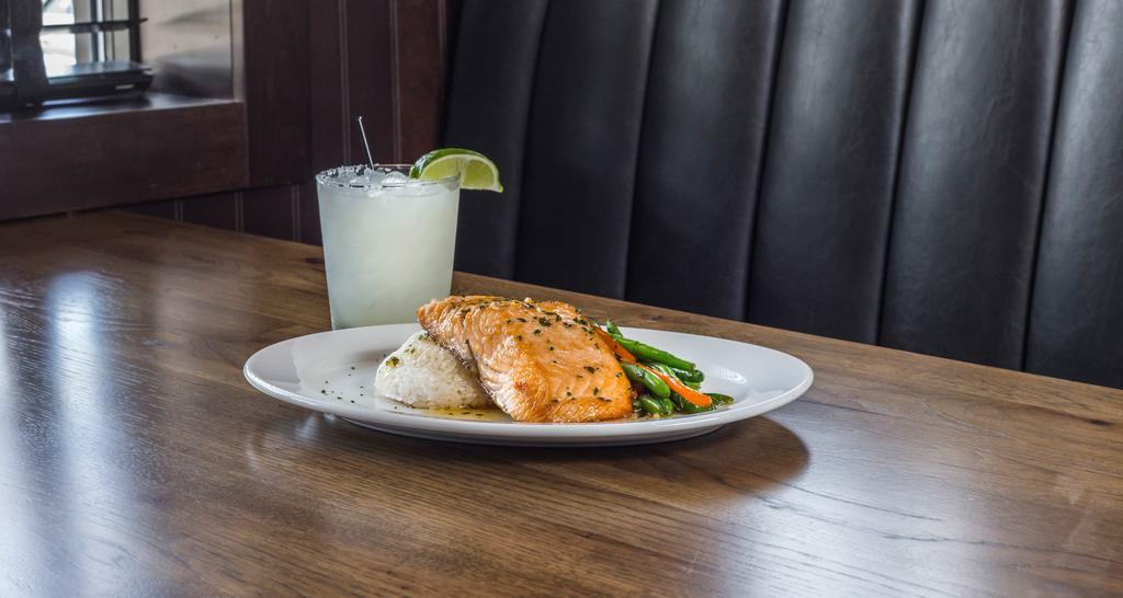 Soy Glazed Salmon · hand-cut filet seasoned with soy glaze, served with sticky rice and stir-fried vegetables